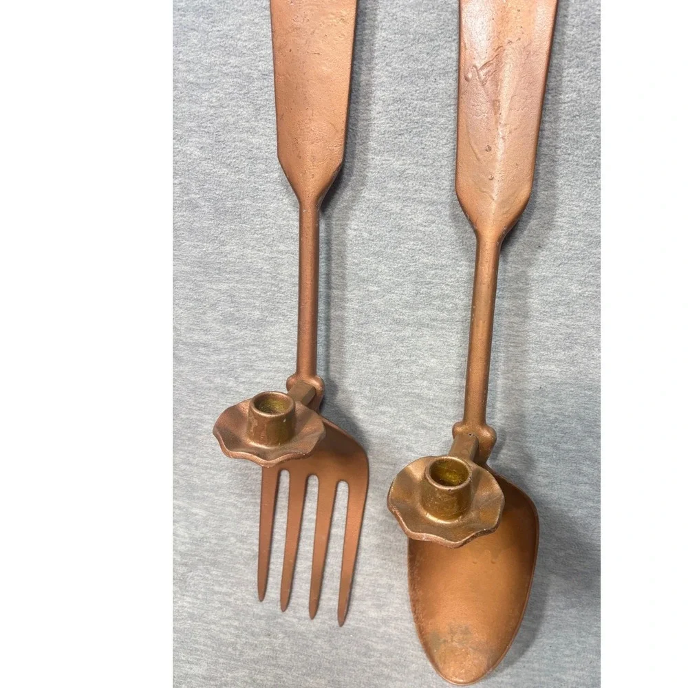 Vtg Oversized Copper Color Fork Spoon Wall Decor Taper Candle Holder Set‎ 20in